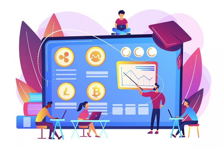 Financial literacy education, e business school. Cryptocurrency trading courses, crypto trade academy, learn how to trade cryptocurrency concept. Bright vibrant violet vector isolated illustration